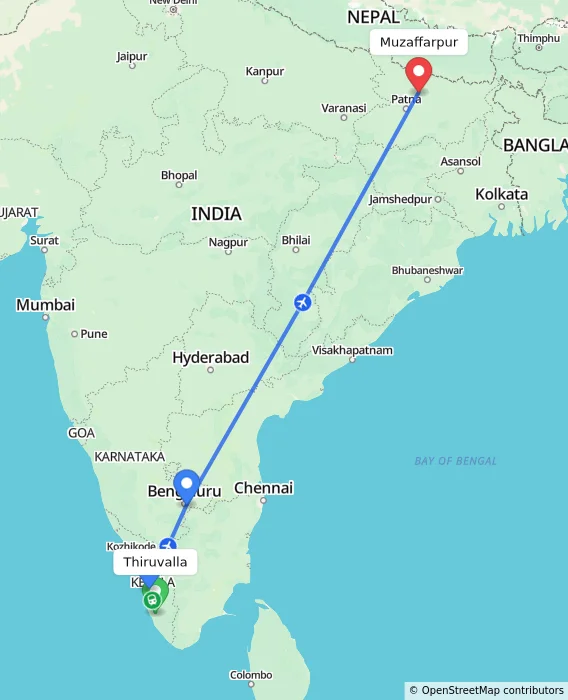 Route map showing distance and travel time from Thiruvalla, India to Muzaffarpur, India