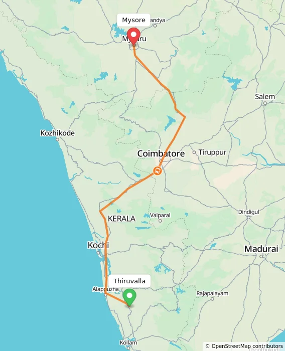 Route map showing distance and travel time from Thiruvalla, India to Mysore, India
