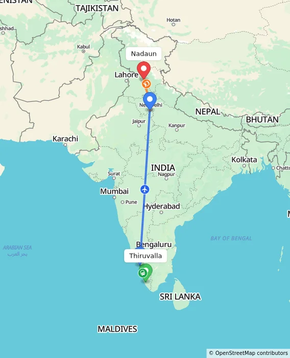 Route map showing distance and travel time from Thiruvalla, India to Nadaun, India