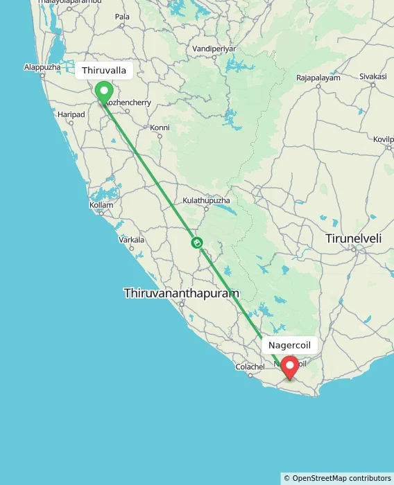 Route map showing distance and travel time from Thiruvalla, India to Nagercoil, India