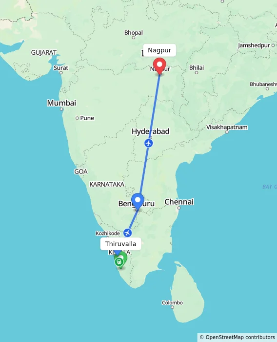 Route map showing distance and travel time from Thiruvalla, India to Nagpur, India