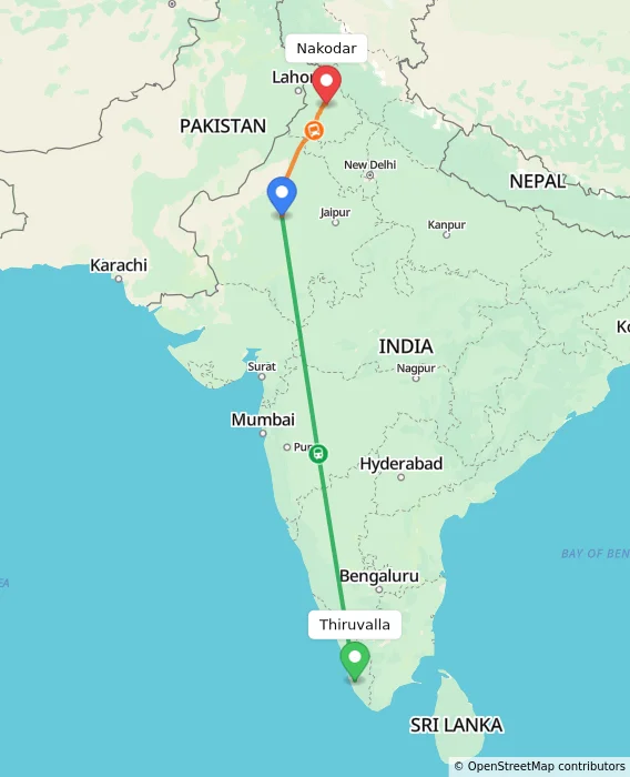 Route map showing distance and travel time from Thiruvalla, India to Nakodar, India