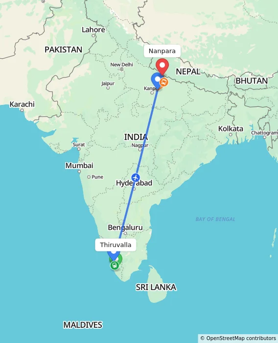 Route map showing distance and travel time from Thiruvalla, India to Nanpara, India