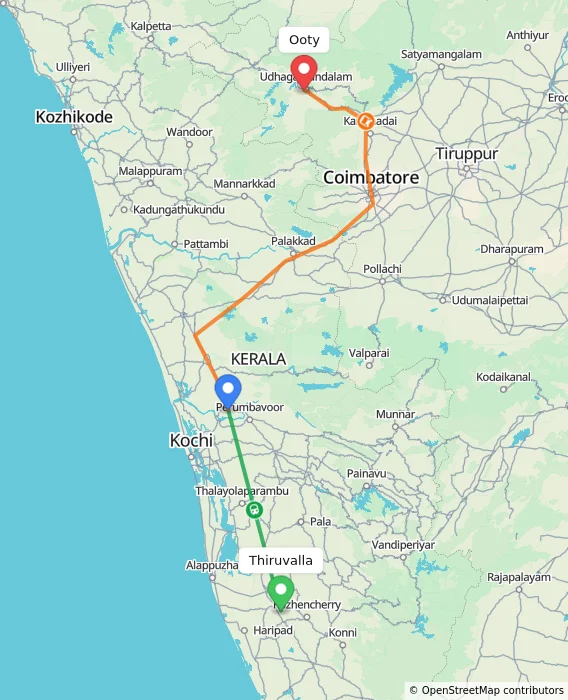 Route map showing distance and travel time from Thiruvalla, India to Ooty, India