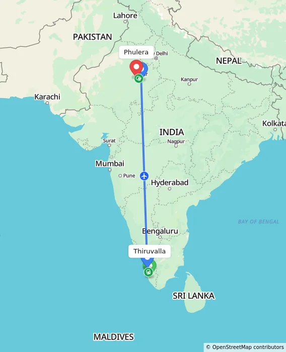 Route map showing distance and travel time from Thiruvalla, India to Phulera, India