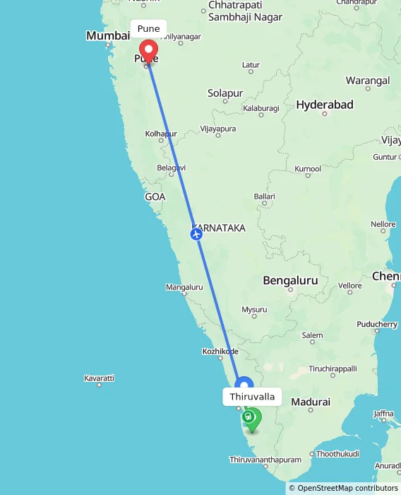 Route map showing distance and travel time from Thiruvalla, India to Pune, India