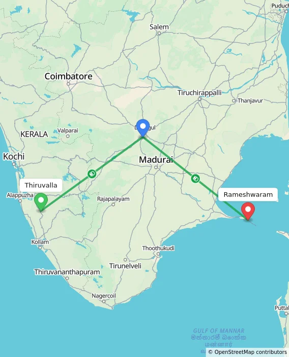 Route map showing distance and travel time from Thiruvalla, India to Rameshwaram, India