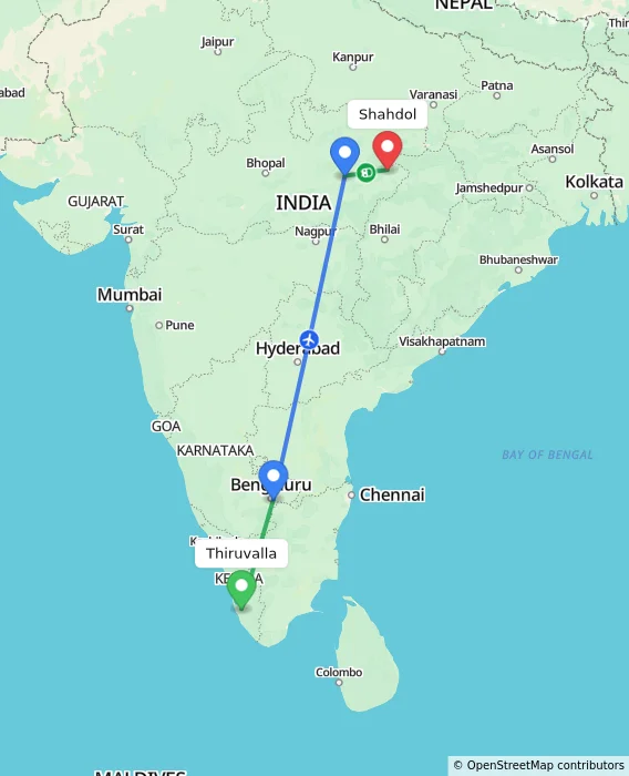 Route map showing distance and travel time from Thiruvalla, India to Shahdol, India