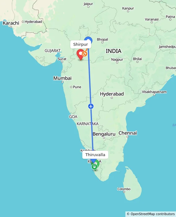 Route map showing distance and travel time from Thiruvalla, India to Shirpur, India