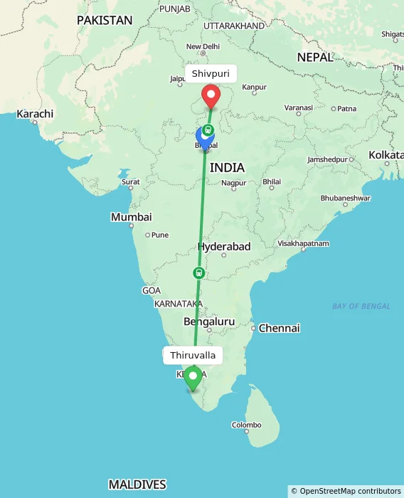 Route map showing distance and travel time from Thiruvalla, India to Shivpuri, India