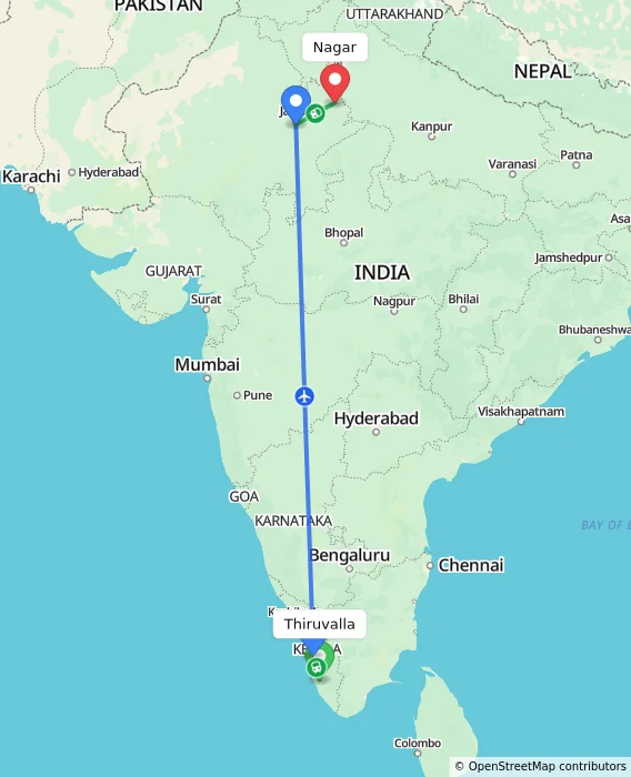 Route map showing distance and travel time from Thiruvalla, India to Nagar, India