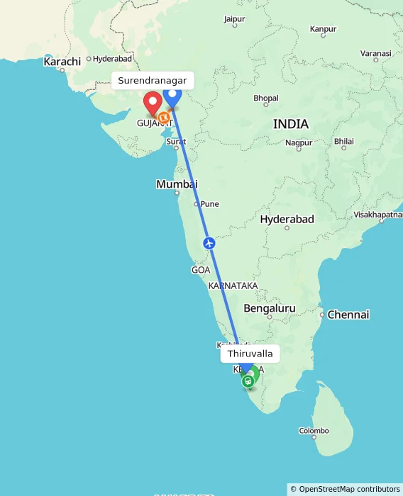 Route map showing distance and travel time from Thiruvalla, India to Surendranagar, India