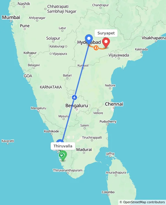 Route map showing distance and travel time from Thiruvalla, India to Suryapet, India