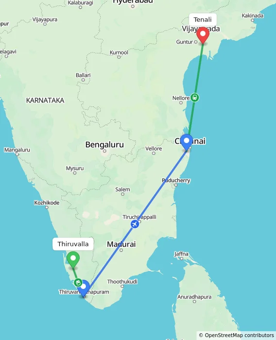 Route map showing distance and travel time from Thiruvalla, India to Tenali, India