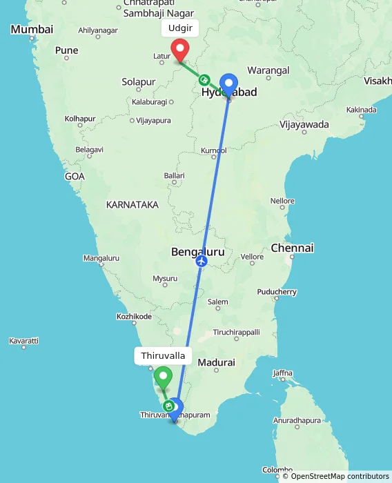 Route map showing distance and travel time from Thiruvalla, India to Udgir, India
