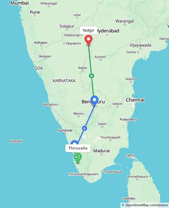 Route map showing distance and travel time from Thiruvalla, India to Yadgir, India