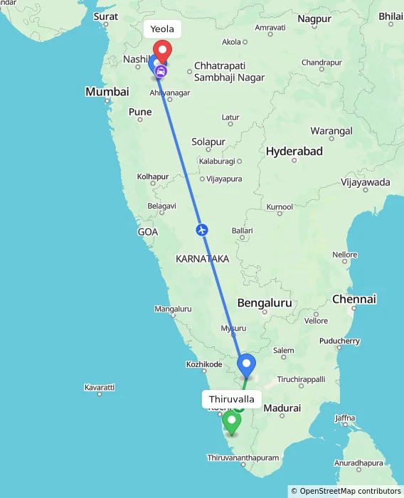 Route map showing distance and travel time from Thiruvalla, India to Yeola, India