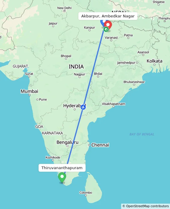 Route map showing distance and travel time from Thiruvananthapuram, India to Akbarpur, Ambedkar Nagar, India