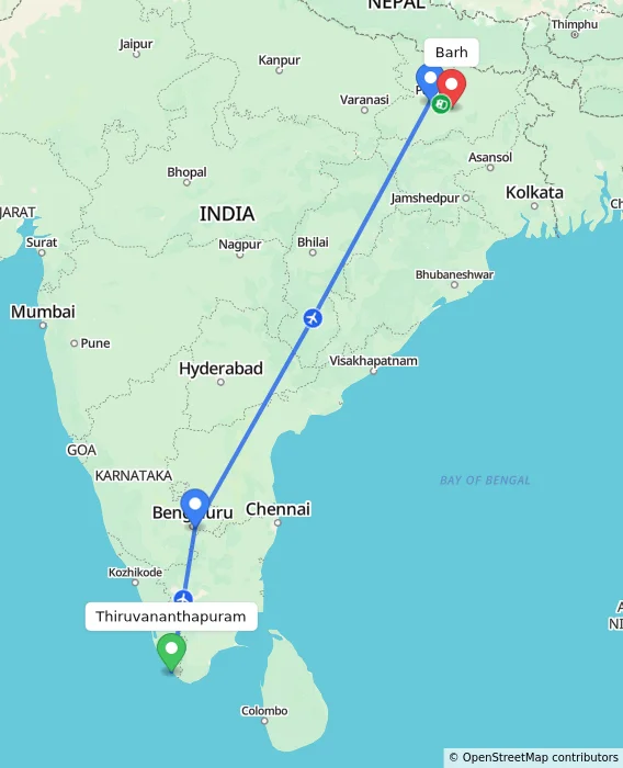 Route map showing distance and travel time from Thiruvananthapuram, India to Barh, India