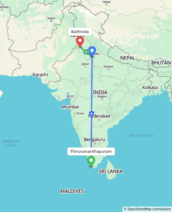 Route map showing distance and travel time from Thiruvananthapuram, India to Bathinda, India