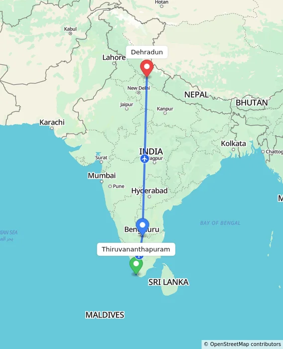 Route map showing distance and travel time from Thiruvananthapuram, India to Dehradun, India