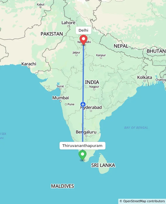 Route map showing distance and travel time from Thiruvananthapuram, India to Delhi, India