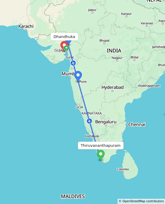 Route map showing distance and travel time from Thiruvananthapuram, India to Dhandhuka, India