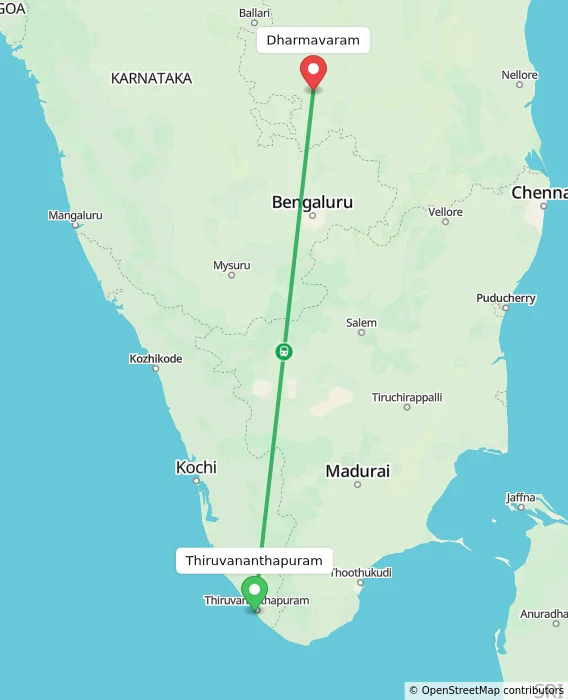 Route map showing distance and travel time from Thiruvananthapuram, India to Dharmavaram, India