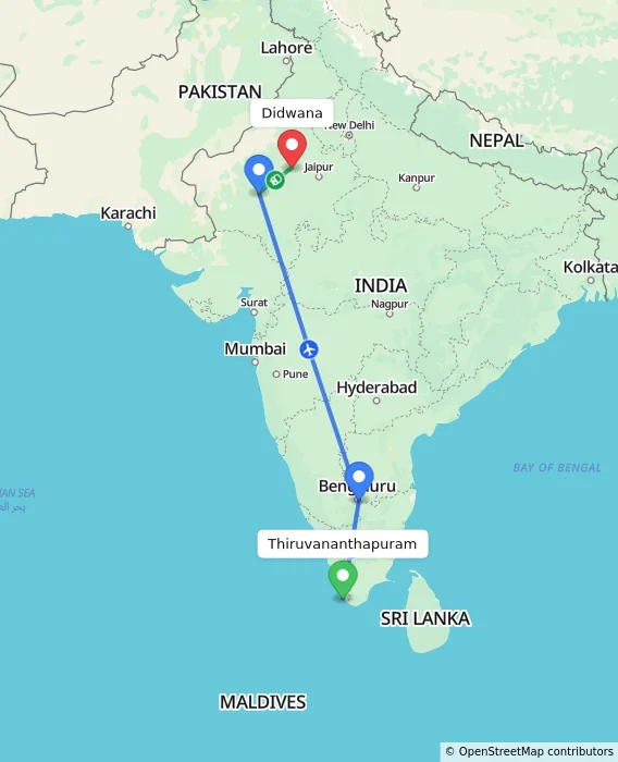 Route map showing distance and travel time from Thiruvananthapuram, India to Didwana, India