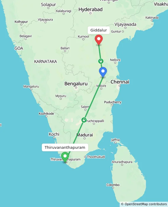 Route map showing distance and travel time from Thiruvananthapuram, India to Giddalur, India