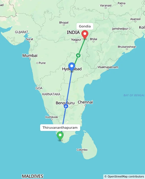 Route map showing distance and travel time from Thiruvananthapuram, India to Gondia, India