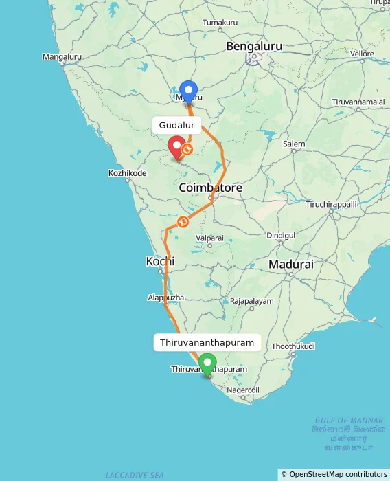 Route map showing distance and travel time from Thiruvananthapuram, India to Gudalur, India