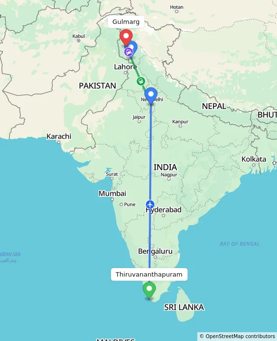 Route map showing distance and travel time from Thiruvananthapuram, India to Gulmarg, India
