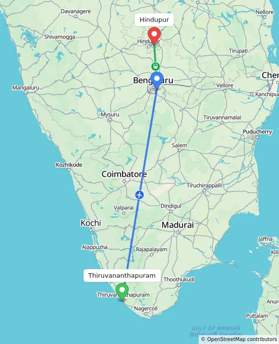 Route map showing distance and travel time from Thiruvananthapuram, India to Hindupur, India