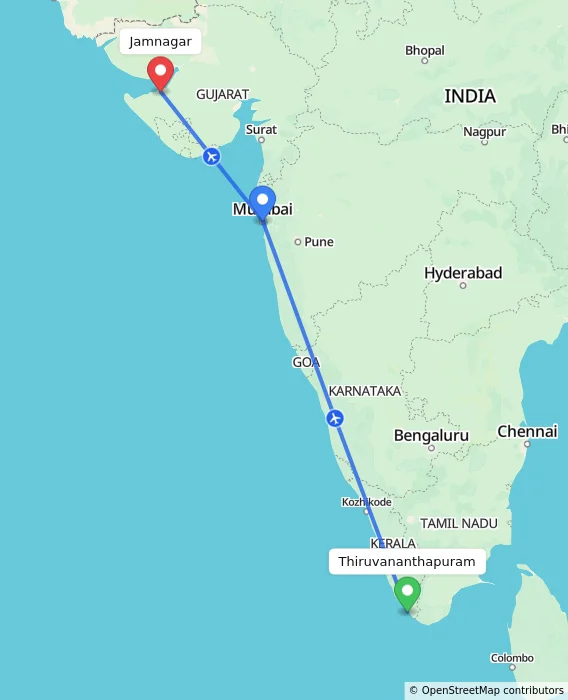 Route map showing distance and travel time from Thiruvananthapuram, India to Jamnagar, India