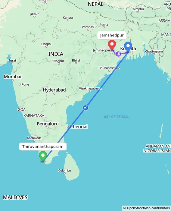 Route map showing distance and travel time from Thiruvananthapuram, India to Jamshedpur, India