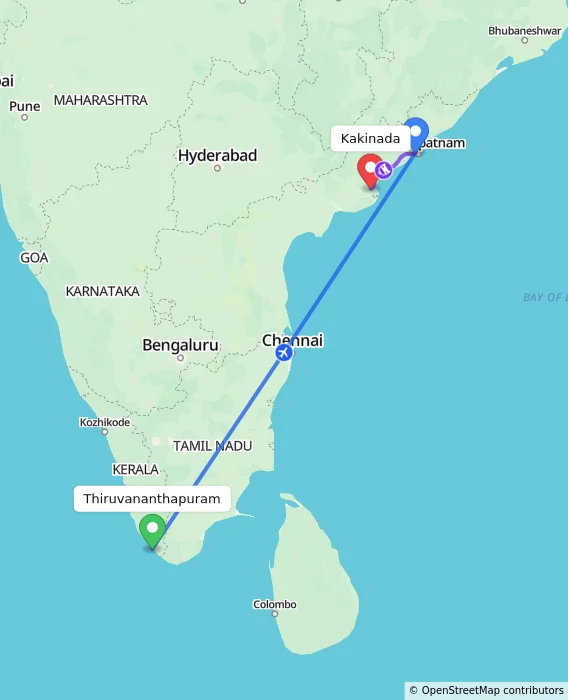 Route map showing distance and travel time from Thiruvananthapuram, India to Kakinada, India