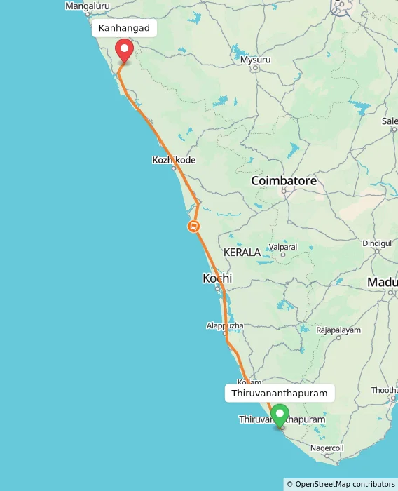 Route map showing distance and travel time from Thiruvananthapuram, India to Kanhangad, India