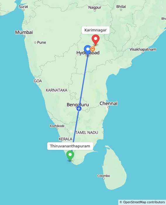 Route map showing distance and travel time from Thiruvananthapuram, India to Karimnagar, India