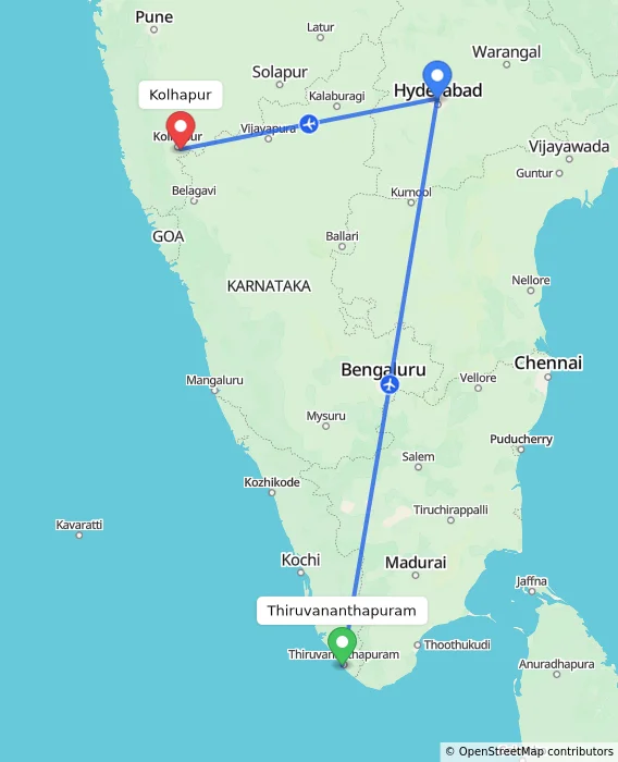 Route map showing distance and travel time from Thiruvananthapuram, India to Kolhapur, India