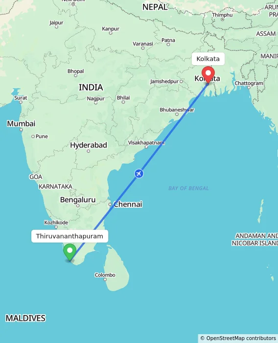Route map showing distance and travel time from Thiruvananthapuram, India to Kolkata, India