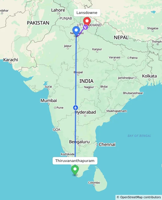 Route map showing distance and travel time from Thiruvananthapuram, India to Lansdowne, India