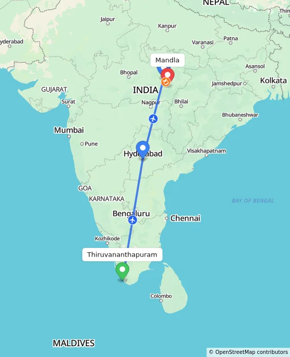 Route map showing distance and travel time from Thiruvananthapuram, India to Mandla, India