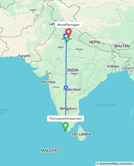Route map showing distance and travel time from Thiruvananthapuram, India to Muzaffarnagar, India