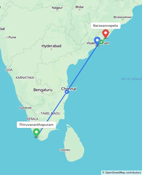 Route map showing distance and travel time from Thiruvananthapuram, India to Narasannapeta, India