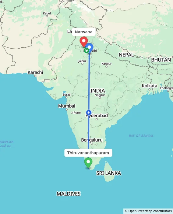 Route map showing distance and travel time from Thiruvananthapuram, India to Narwana, India