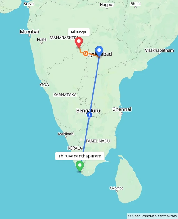 Route map showing distance and travel time from Thiruvananthapuram, India to Nilanga, India