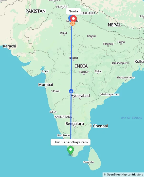 Route map showing distance and travel time from Thiruvananthapuram, India to Noida, India