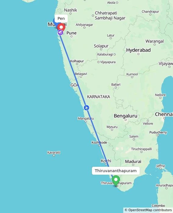 Route map showing distance and travel time from Thiruvananthapuram, India to Pen, India