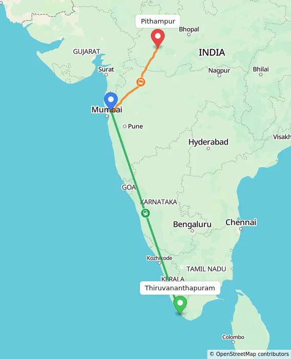 Route map showing distance and travel time from Thiruvananthapuram, India to Pithampur, India